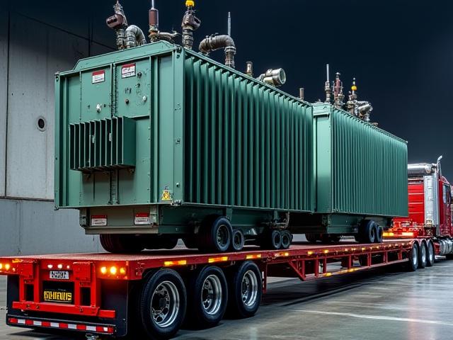 Double drop trailer carrying a massive industrial chiller