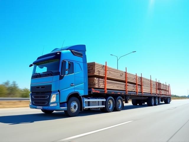 Standard flatbed trailer carrying construction materials