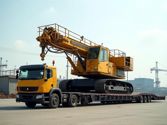 RGN trailer unloading a large crane at a data center site