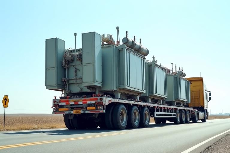 Multi-axle trailer carrying a massive industrial transformer