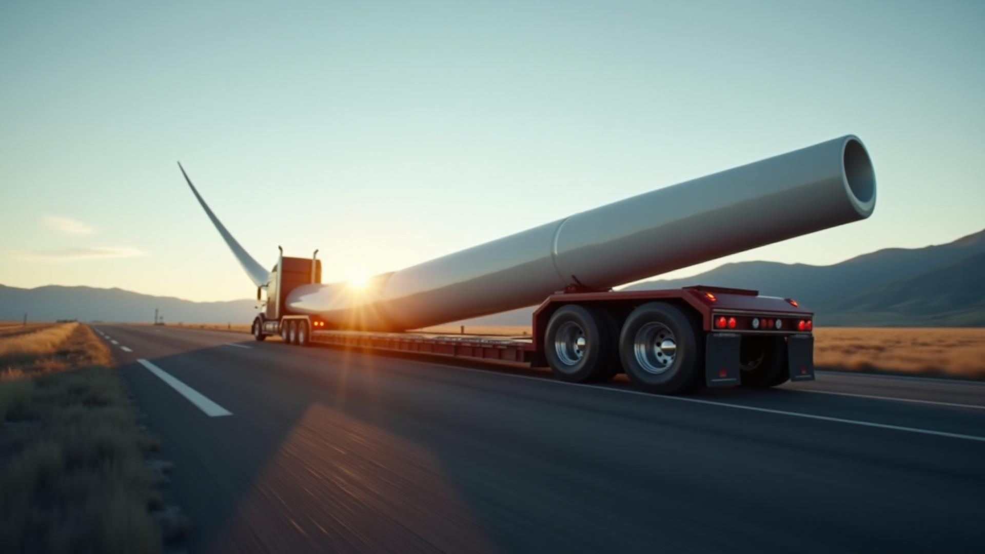 Specialized truck transporting a massive wind turbine blade across a landscape