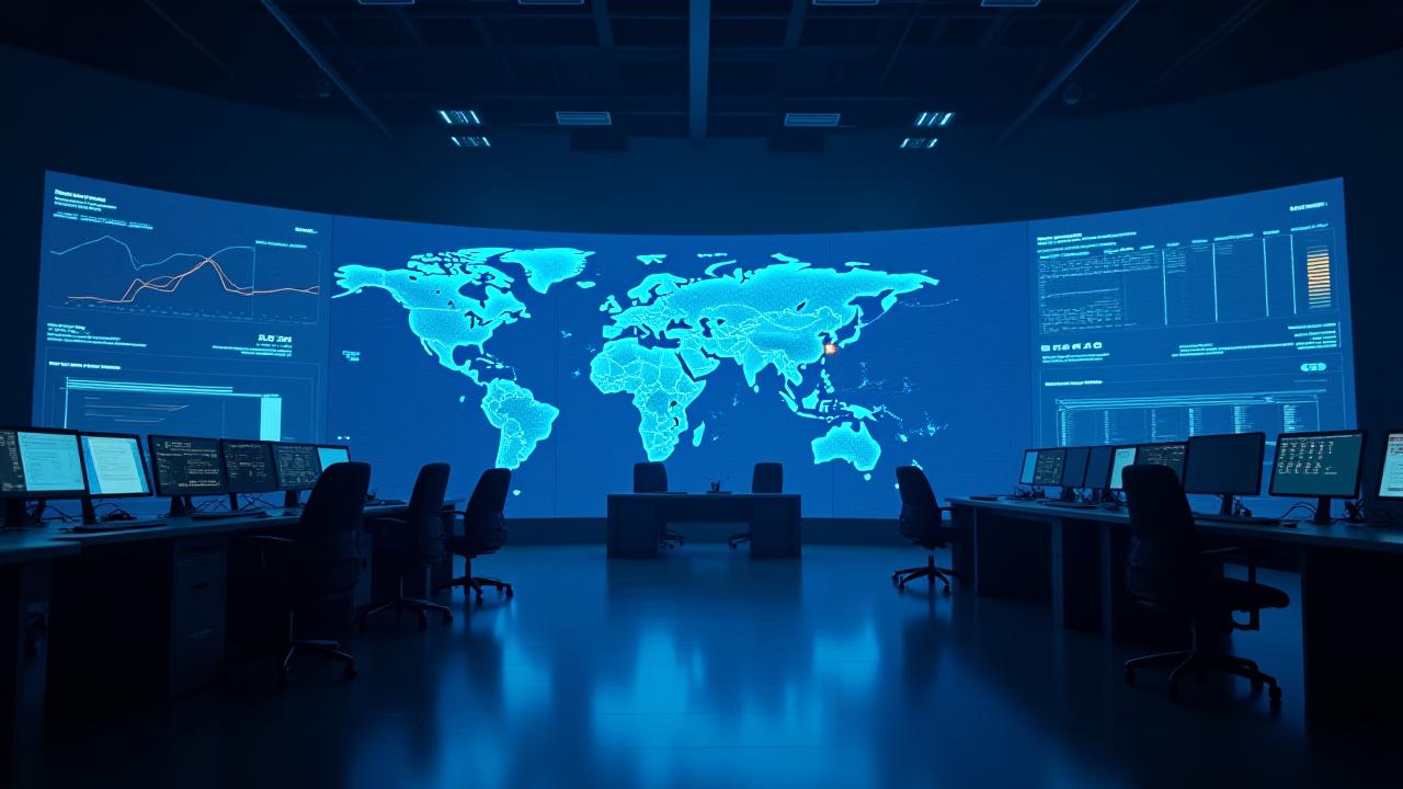 Global logistics command center with digital mapping and data visualization