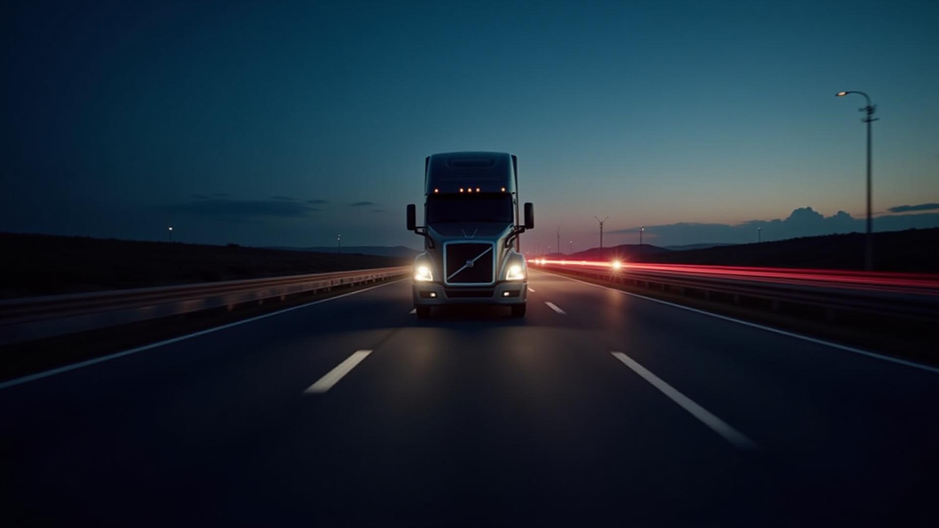Global freight transportation in motion - a semi-truck traveling toward a technological horizon